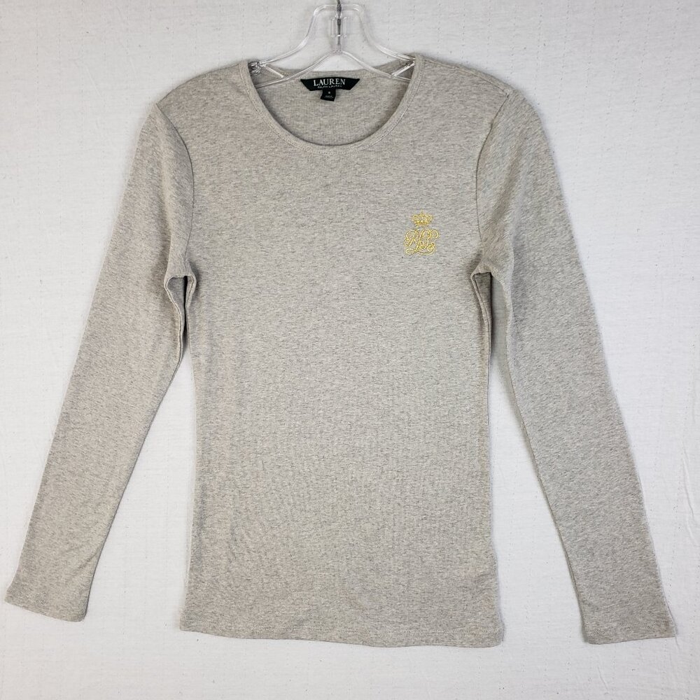 Ralph Lauren Long Sleeve Top Tee Embroidered Crest Logo Cotton Gray size S